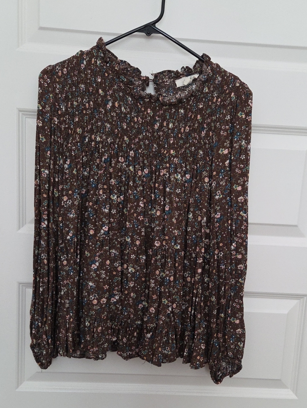 Easel Brown Floral Smocked Long-Sleeve Blouse
